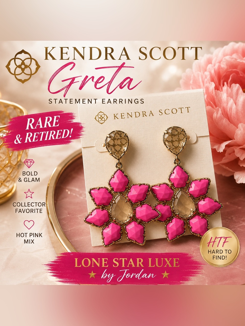 RARE Kendra Scott Greta Statement Earrings Pink Mix Gold Retired HTF
